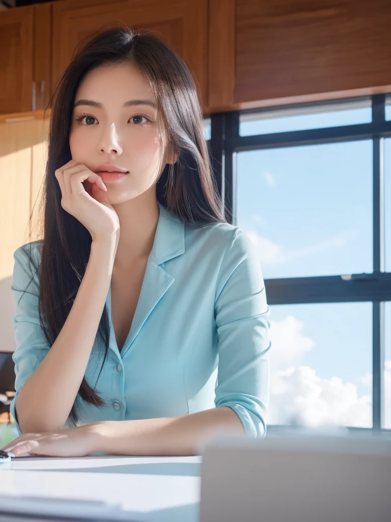 In the office,beside,A Chinese beauty is concentrating on her work,The background is blue sky and white clouds outside the window,Suggesting that indoor air quality is equally important