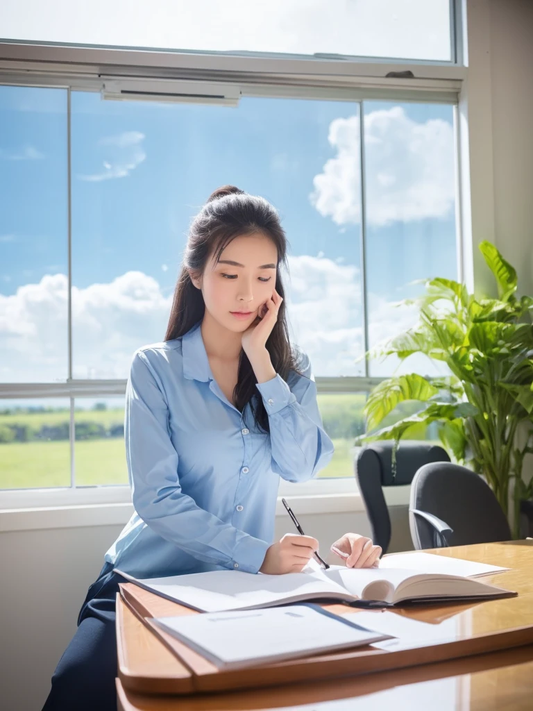 In the office,beside,A Chinese beauty is concentrating on her work,The background is blue sky and white clouds outside the window,Suggesting that indoor air quality is equally important