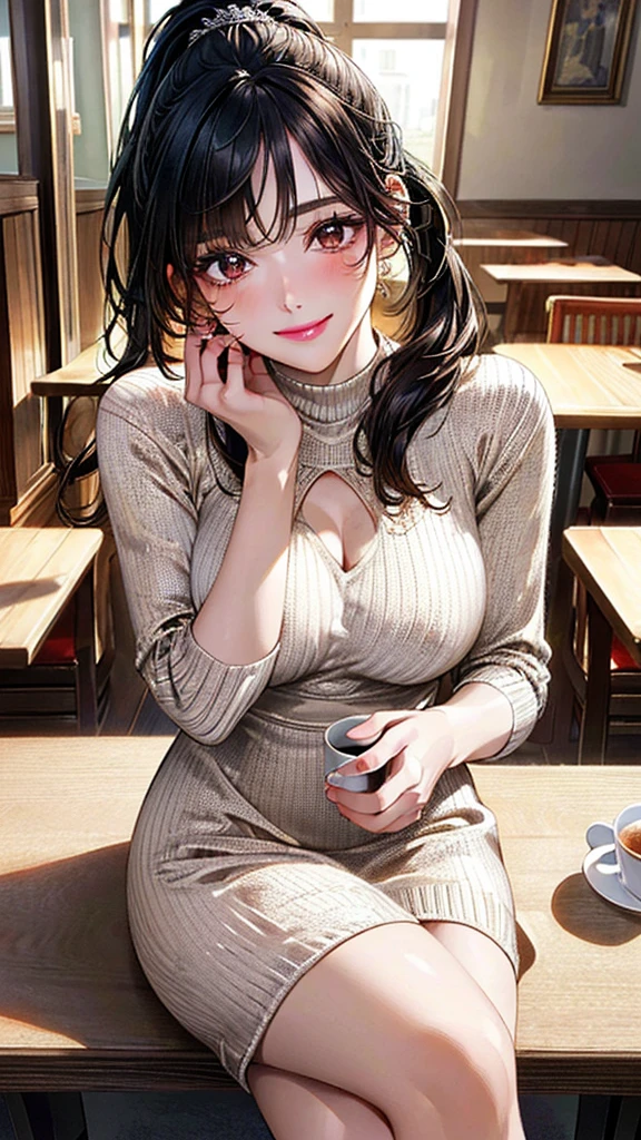 (masterpiece:1.3, Highest quality, Ultra-high resolution, Super detailed), (Realistic, photoRealistic:1.2), Beautiful illustrations, Perfect lighting, Natural light, colorful, Depth of written boundary, ((Face Focus:1.2), Cowboy Shot:1.2), 
Beautiful detailed hair, Beautifully detailed face, Beautiful attention to detail, Beautiful clavicle, Beautiful body, Beautiful breasts, Beautiful thighs, Beautiful feet, Beautiful Hands, Pale skin,
View your viewers, 1 Girl, (Classy and cute girl:1.3), (Perfect Anatomy, Anatomically correct, Highly detailed skin), Cute and symmetrical face, Baby Face, Perfect Face, Perfect Eyes, Perfect Fingers,
(Long Hair, ponytail, Black Hair), ((Asymmetrical bangs:1.2)), Light brown eyes, Long eyelashes, (Glossy Lips:1.4), (Large Breasts, Thin legs, ), (Slim figure, Firm breasts:1.2), Thin eyebrows, 
(Detailed cloth texture, Elegant knitted dresses:1.3),
(Beautiful views), morning, Cafe, Mug、(Sit on a chair:1.2), (Smiling Kindly:1.2), 