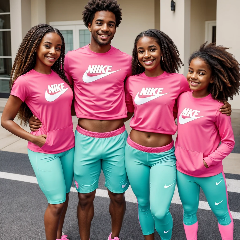 Brownskin stud and female holding there daughter together smiling wearing matching nike outfits