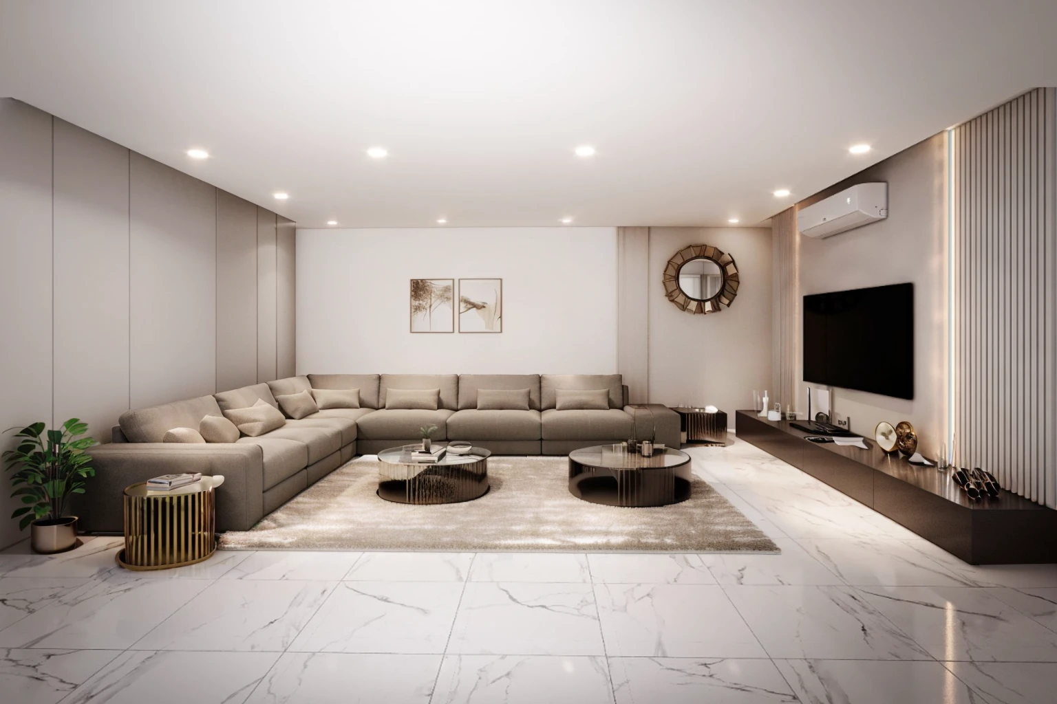 a living room with a large sectional couch and a tv, modern living room, interior living room, vray 8k render, living room, 8k vray render, high quality 3 d render, high quality 3d render, excellent 3d render, very realistic 3 d render, luxury hd render, interior design living room, living room vibe