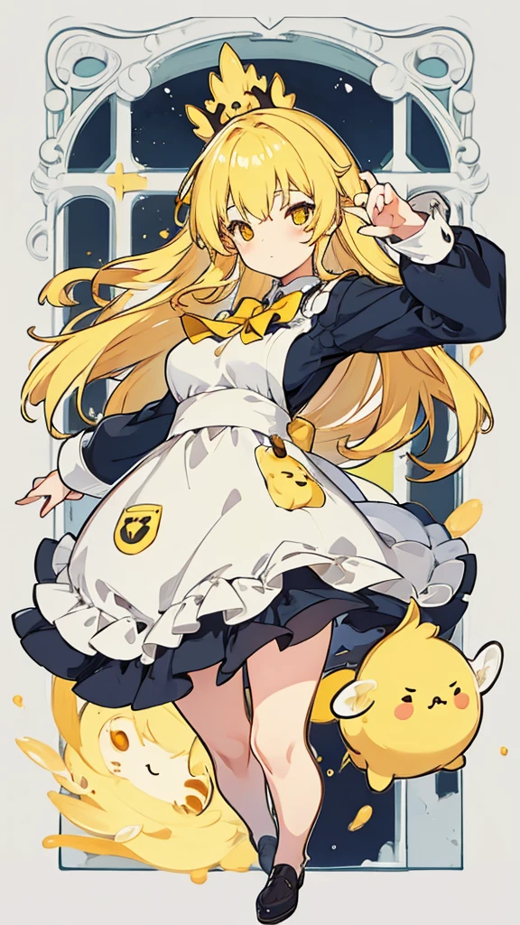 Cute, , big breasts, cafe staff, long hair, blonde, yellow eyes, honey, 1 person, simple background