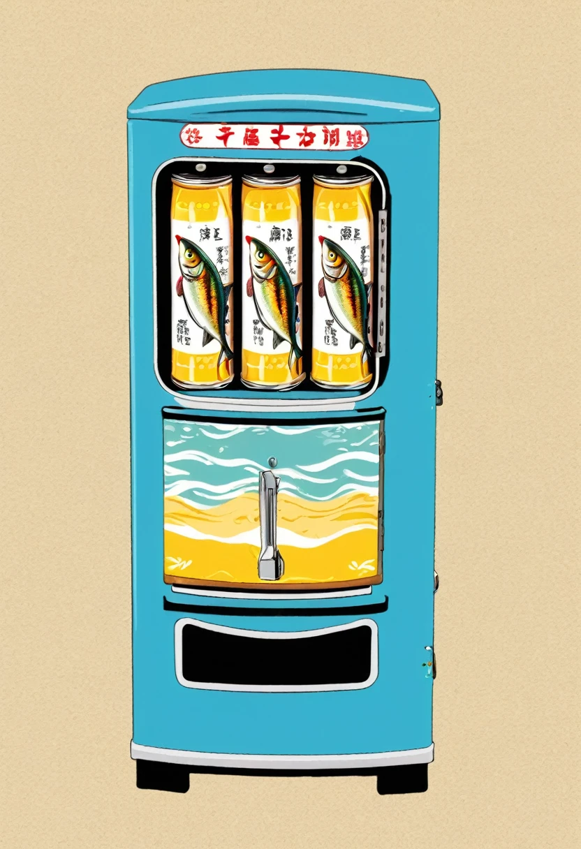 Flat tinned sardine vending machine, basic design, fl4tstyle3, ukiyo e, flat, 2 colour.