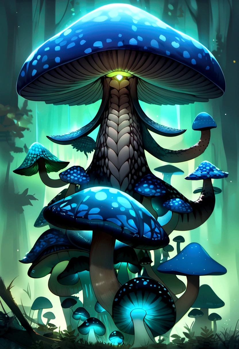 (Mushroom anthropomorphic monster and mushrooms merge with the body, (Anthropomorphic male mushroom)), blue flat hat, knave, glowing body, has eyes and a mouth