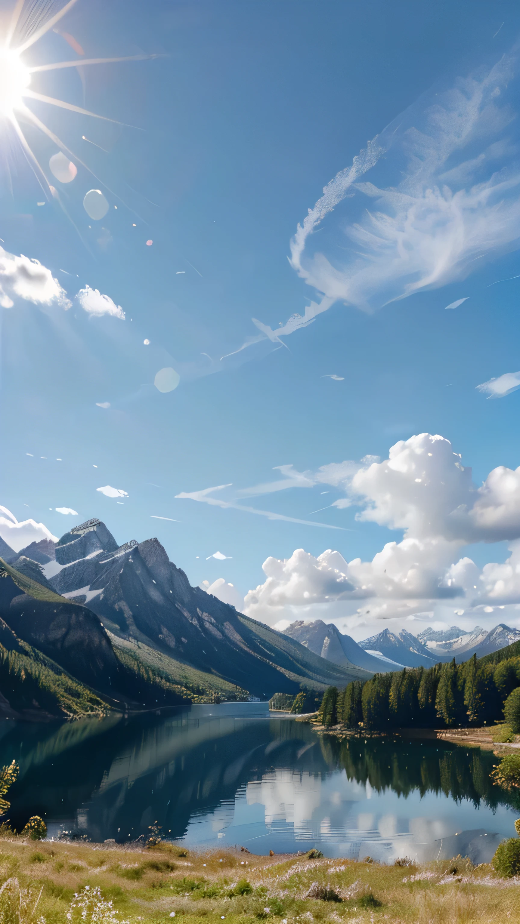 ( High quality, ultra-detailed, super high resolution, ultra realism, hyper-realistic, super realistic, real world) beautiful nature, blue sky, partly cloudy, sun in the sky, a proper mountain in the background, blue lake, green grass, no trees on top of each other.