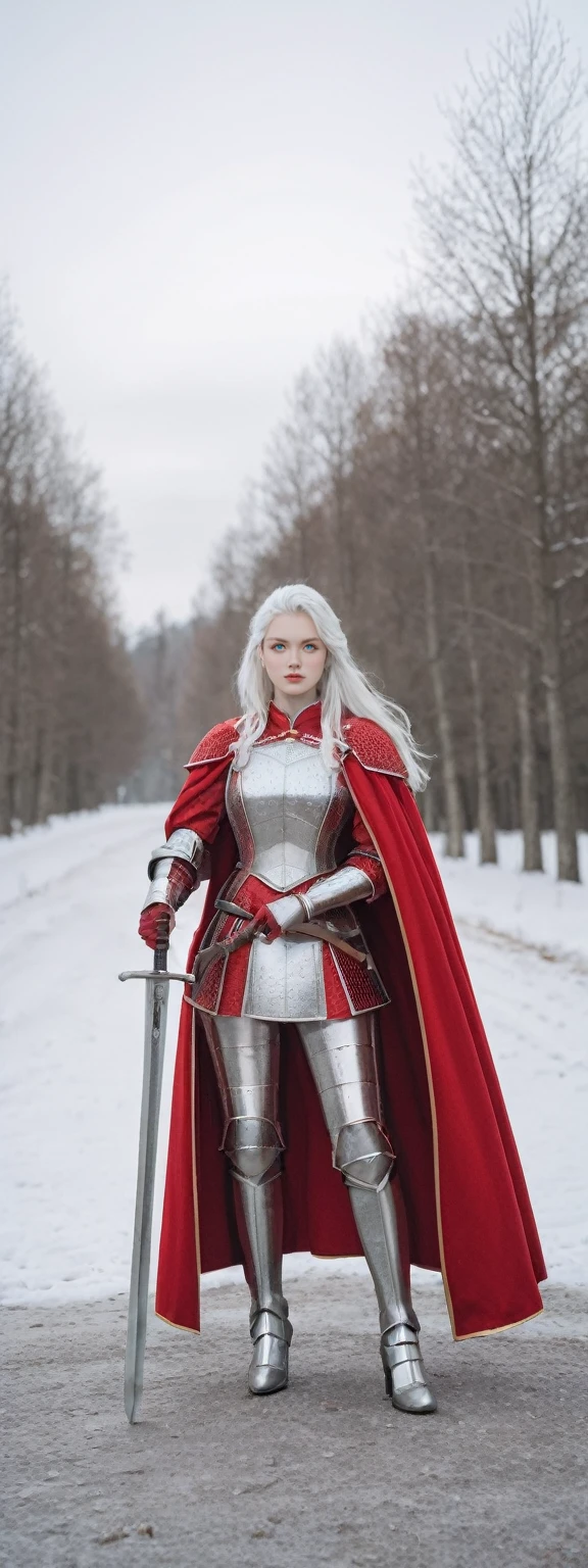 realistic,score_9, score_8_up, score_7_up,
hyper detailed, ultra detailed, UHD, beautiful girl, perfect anatomy, perfect body, model, stylish pose, wearing full plate body fantastic red armor with red cape, holding crystal sword, snowy medieval road, (random color:1.4),
long hair, various hairstyles, white hair, blue eyes, glowing eyes,
extremely detailed,