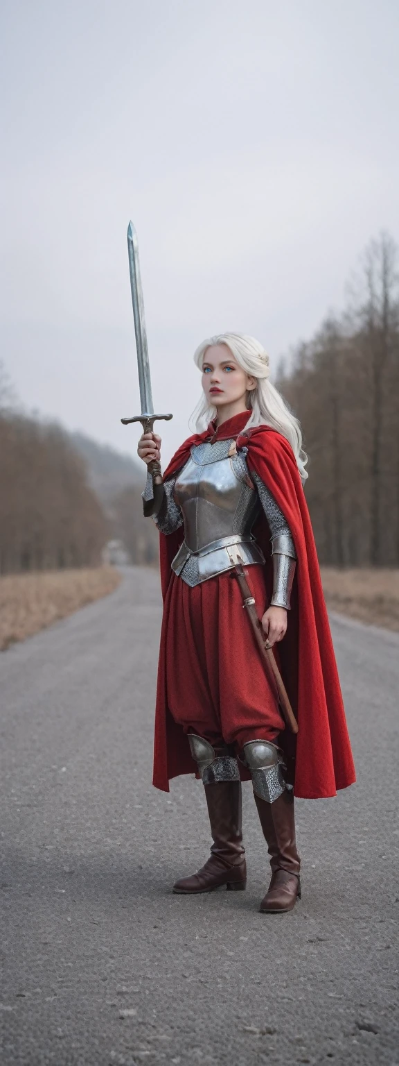 realistic,score_9, score_8_up, score_7_up,
hyper detailed, ultra detailed, UHD, beautiful girl, perfect anatomy, perfect body, model, stylish pose, wearing full plate body fantastic red armor with red cape, holding crystal sword, snowy medieval road, (random color:1.4),
long hair, various hairstyles, white hair, blue eyes, glowing eyes,
extremely detailed,