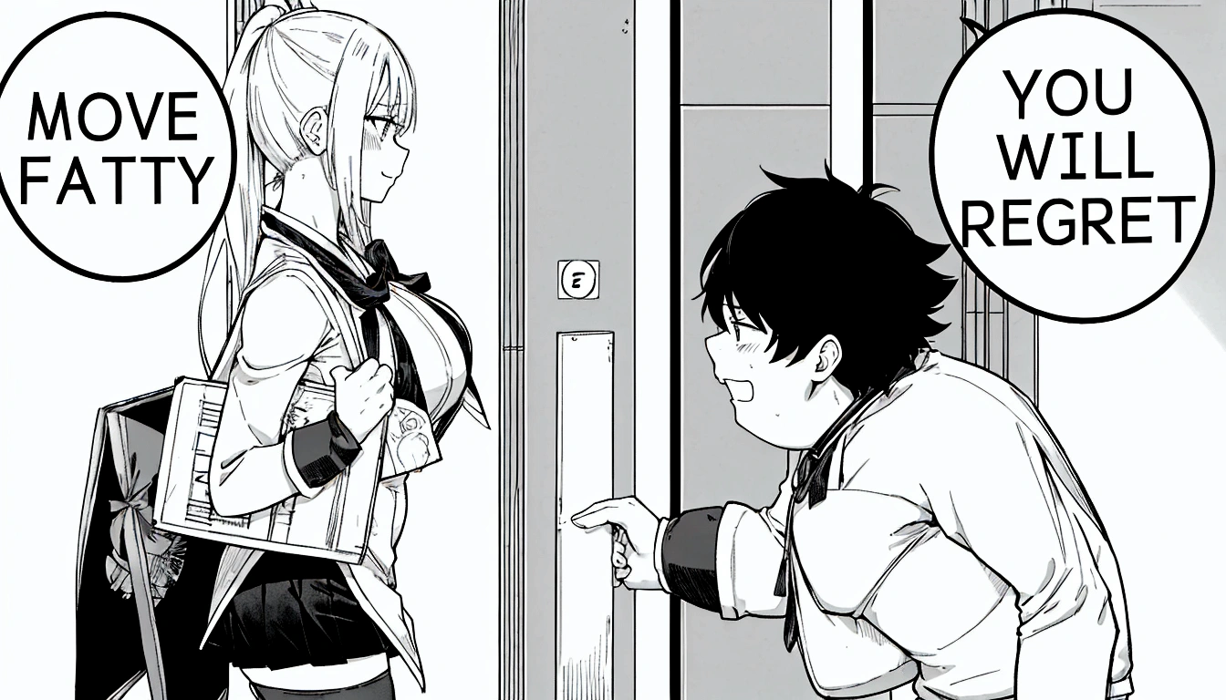 anime girl and boy with signs saying move fatty you will regret, black and white manga panel, black and white manga page, black and white manga style, black and white manga, black and white manga comic, isekai manga panel, award winning manga style, manga panel, manga panels, detailed manga style, from cryptid academia, manga page, 