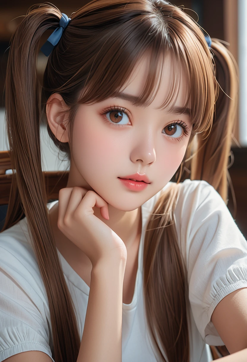 1 Girl, (twintails), Brown hair, sit, Chair, boring, Chin on hand, Beautiful and detailed eyes and face,masterpiece, best quality,close up,Upper body,8K,best quality, masterpiece, Ultra-high resolution, (Reality:1.4), RAW photos, (Real skin texture:1.3), (Film Grain:1.3), (Selfie Angle),