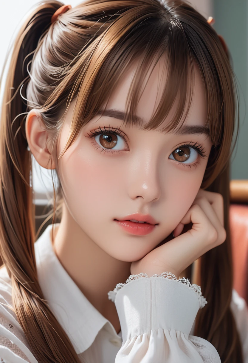 1 Girl, (twintails),  Brown hair, sit, Chair, boring, Chin on hand, Beautiful and detailed eyes and face,masterpiece, best quality,close up,Upper body,8K,best quality, masterpiece, Ultra-high resolution, (Reality:1.4), RAW photos, (Real skin texture:1.3), (Film Grain:1.3), (Selfie Angle),