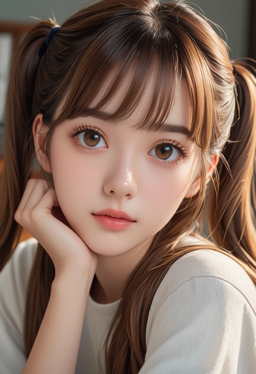 1 Girl, (twintails), Brown hair, sit, Chair, boring, Chin on hand, Beautiful and detailed eyes and face,masterpiece, best quality,close up,Upper body,8K,best quality, masterpiece, Ultra-high resolution, (Reality:1.4), RAW photos, (Real skin texture:1.3), (Film Grain:1.3), (Selfie Angle),