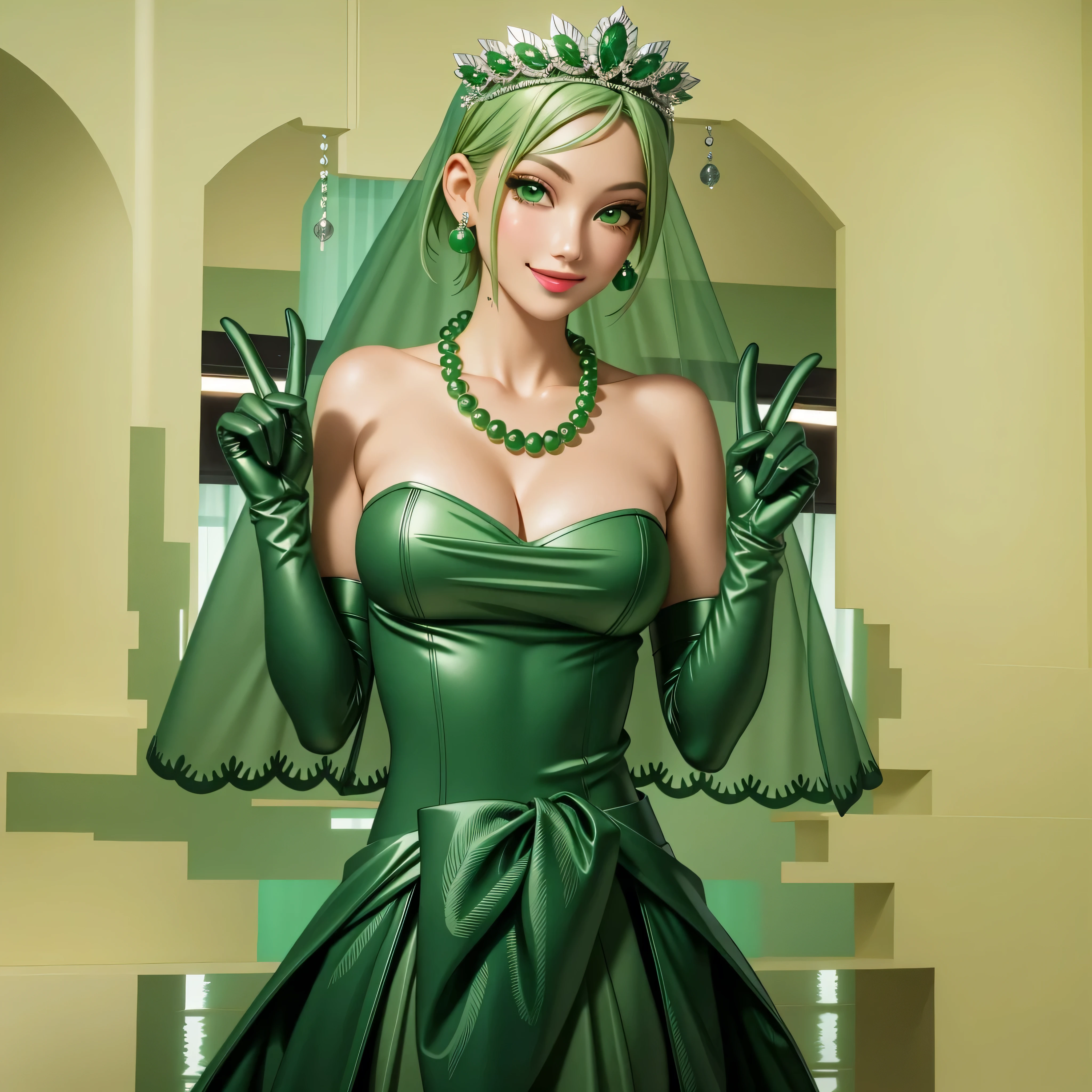 emerald tiara, Green Pearl Necklace, Boyish very short green hair, Green Lips, Smiling Japanese woman, Very short hair, Busty beautiful lady, Green Eyes, Green satin long gloves, Green Eyes, Emerald Earrings, Green veil, all of, Green Hair, Beautiful Japanese Women, green lip gloss