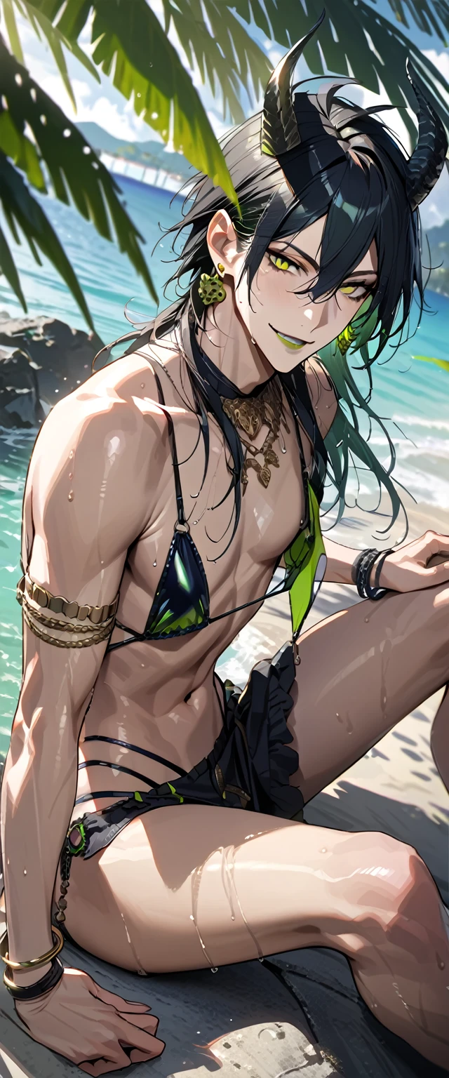 masterpiece, highres, absurdres, illustration, ((masterpiece:1.4, best quality)), (Ultra detailed background), 1boy, handsome man, highly detailed beautiful face and eyes, beautiful eyes, (sharp detail:1.3), shiny, earrings, bracelet, (wet bikini:1.3), Bari, Cebu Island, plumeria, near the beach, 1boy, sitting on floor, dynamic angle, full body, malleus draconia (twisted wonderland) horns, bishounen, boy, male, yana Toboso style, long hair, black hair, yellow green eyes, smile, gray lips, handsome, skinny, tall, yellow green glow,AddXL