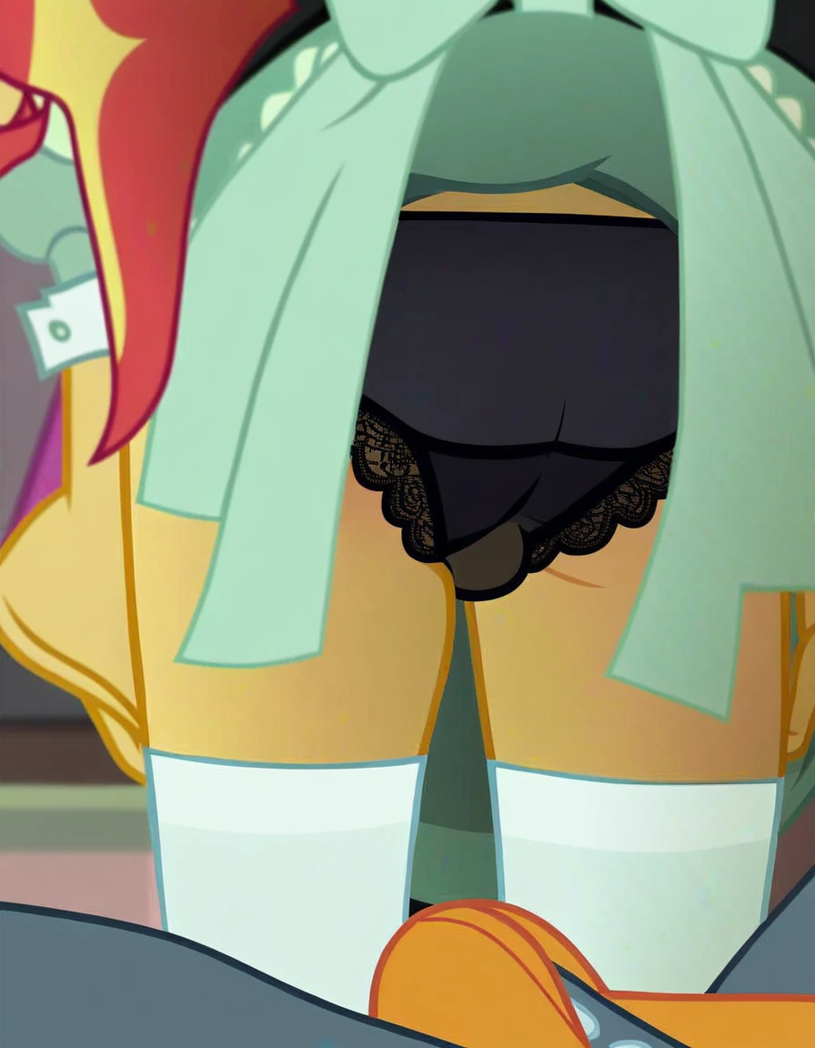 upskirt, duo focus, equestria girls, blushing, sunset shimmer, bra, underwear, grin, evil smile, erection, smiling, butt, clothes, maid, black panties, underwear, sunbutt, show accurate, vector, male pov, tenting, crotch big bulge, big erection in pants, offscreen male character