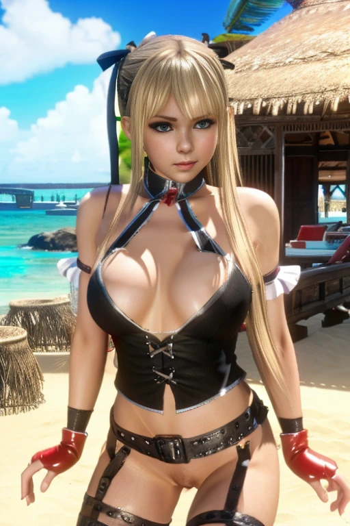 Marie Rose DOA in beautiful sexualized clothes, looks vulgar and frank. Marie Rose erotica porn hentai as a whore against the backdrop of a beach resort beach thatched houses 