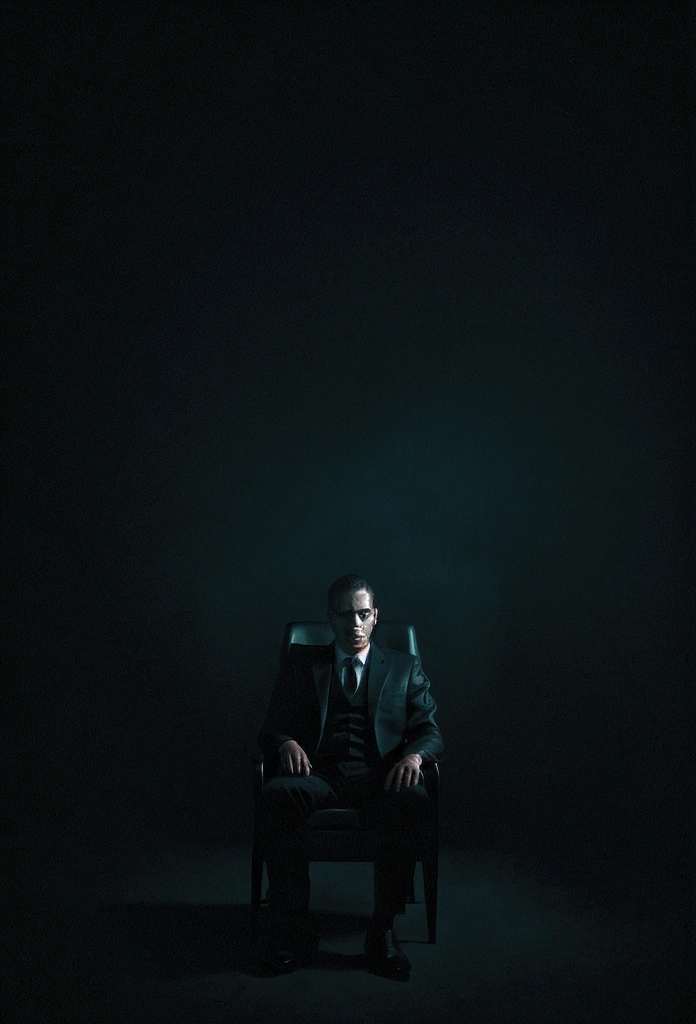 Picture a man in a suit in a smoky black background coming out of a horror movie sitting there in amazement