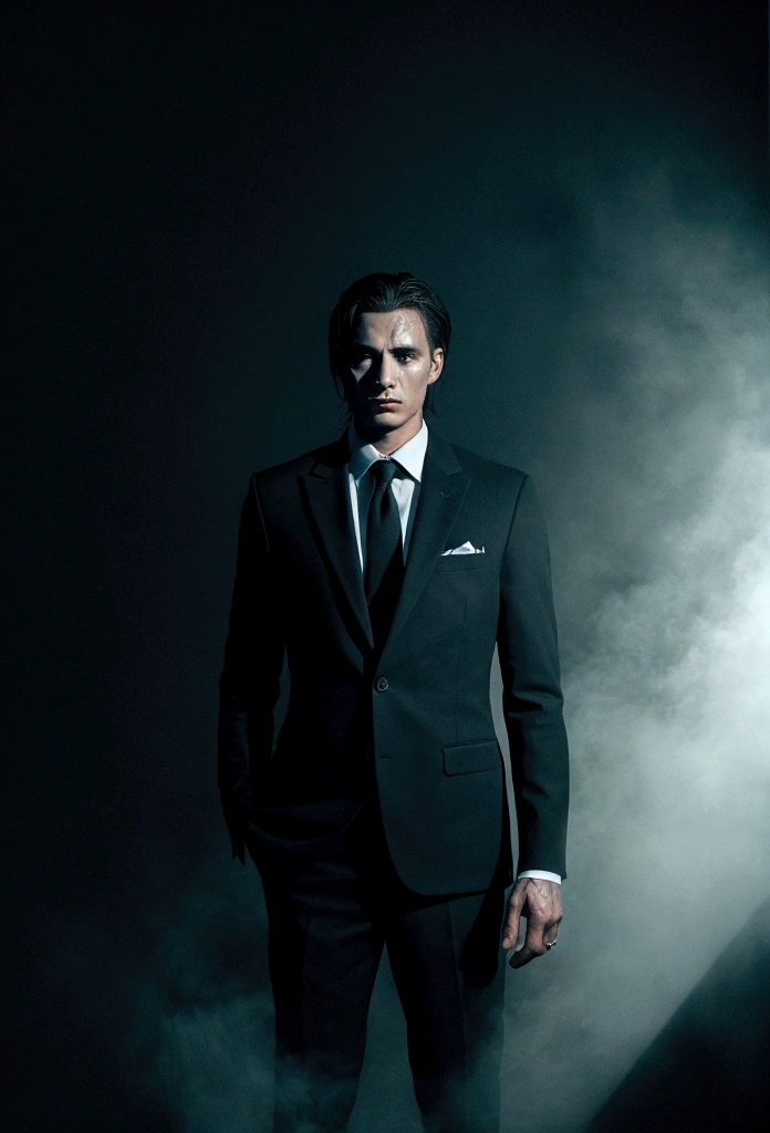 Picture a man in a suit in a smoky black background coming out of a horror movie sitting there in amazement