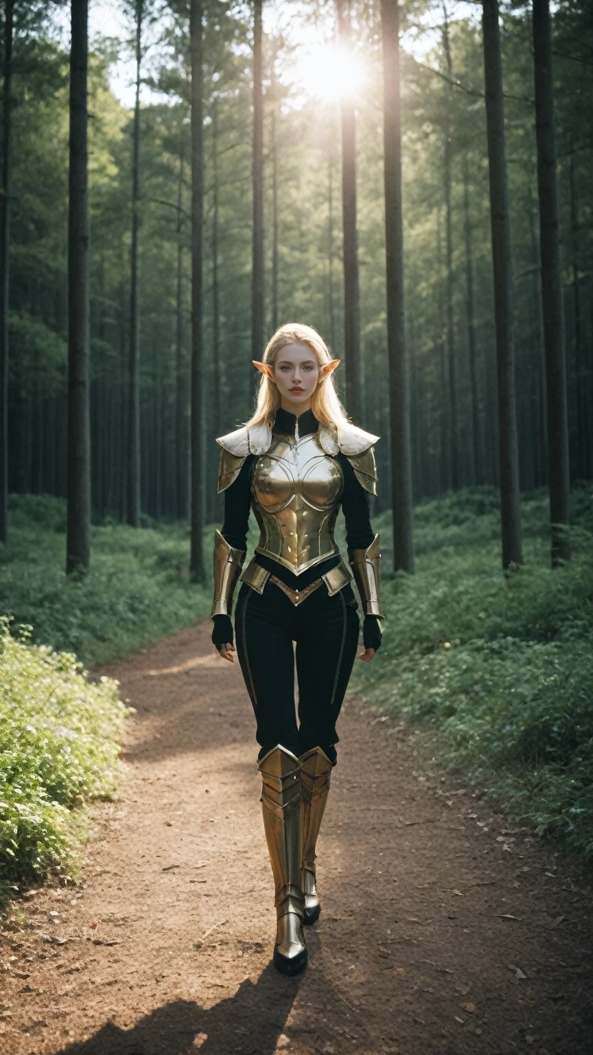 realistic,score_9, score_8_up, score_7_up, 
​masterpiece, a beautiful elf, Adriana Malkova,  (delicate filigrane Black armor), (medium breasts), (perfect body), (blondes, length hair), outside, (Skin texture:1.1), ultra high resolution, RAW-Foto, Nikon D850, Contre-Jour, rim light, bright sunlight, film grain:1.2, (warm hue, warmer Ton:1.2), (color photo), Fantasy, in a red dream world, red forest, in a red forest, amazing depth, red mood in background, shades of red, photography