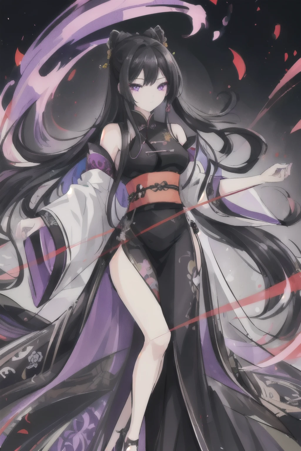 (Exquisite eyes),(Clear and beautiful eyes:1.61),masterpiece, 1 young girl,(Black clothes and some red gems), Black long hair, (She has a huge red gem on her chest), Good Hand,((The Havoc of StarCraft)),full-body shot,Fighting Stance,(Red Eyes:1.466)，short and small,(Very big breasts:1.35),(Pretty Face),(full-body shot:1.33),Beautiful hands