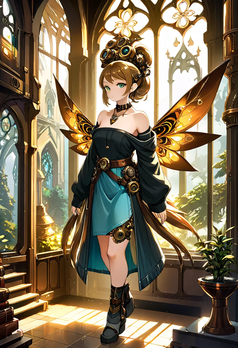 masterpiece, best quality, highly detailed,, solo, twintails, off-shoulder sweater, choker, . Ultra HD, Rococo-Inspired Fantasy Art With Intricate Details. Cute, ooking at viewer Beautiful Eyes, An-Ideal-Figure. symmetrical face, photorealistic, photography, path tracing, specular lighting, volumetric face light, path traced hairmaximum quality{(masutepiece) (8K High Resolution) (top-quality) In the style of breath of the wild. steampunk robot monk,beautiful ornate architecture,steampunk machinery and gears,exquisite stained glass windows,enchanted flower garden,ancient stone walkway with intricate carvings,glowing candles and dimly lit atmosphere,steam and smoke billowing from the machinery,mystical atmosphere,peaceful and serene setting,mechanical wings attached to the robot monk's back,robot monk with intricate clockwork mechanisms,electromechanical eyes glowing with energy,warm golden color palette,gentle sunlight streaming through the stained glass windows,whispering sound of wind and rustling leaves,the scent of aged books and incense,notes of ancient Gregorian chants echoing in the air,sense of awe and tranquility,combination of futuristic and medieval elements,harmony of technology and spirituality.