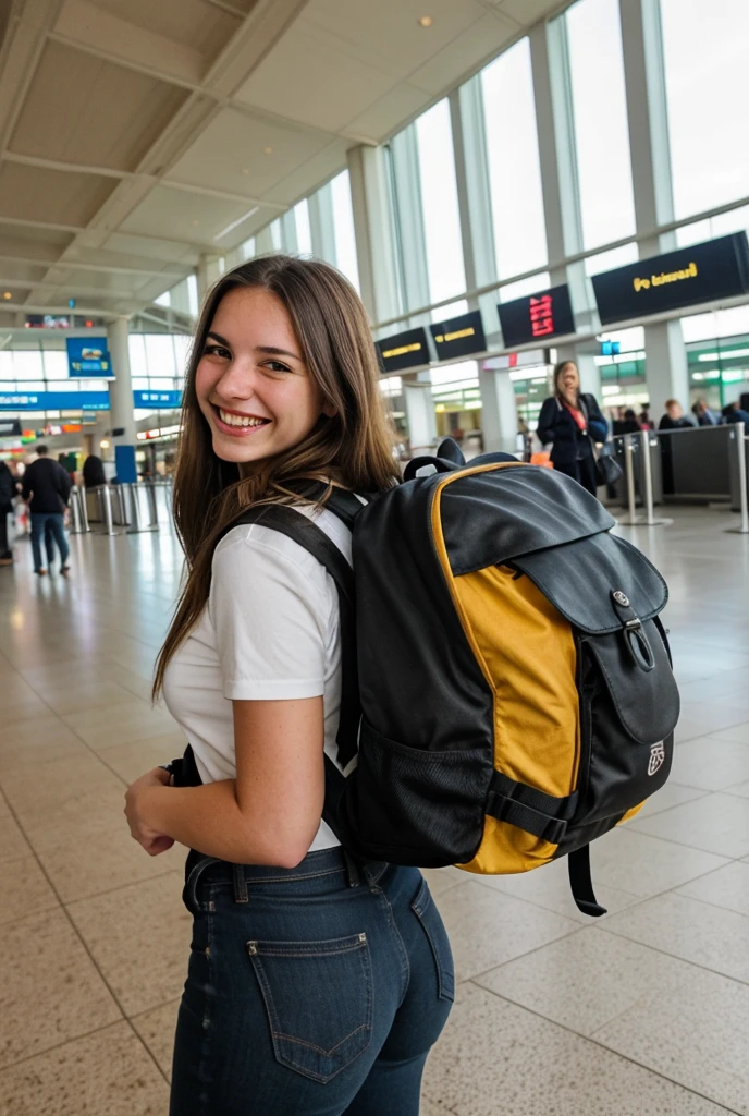 one french woman, waiting her flight in the airport, wearing a backpack, RAW Photo, DSLR,  (depth of field), traditional hair, playful pose, 22yo, smiling,  stunning sunny weather,  soft lighting,