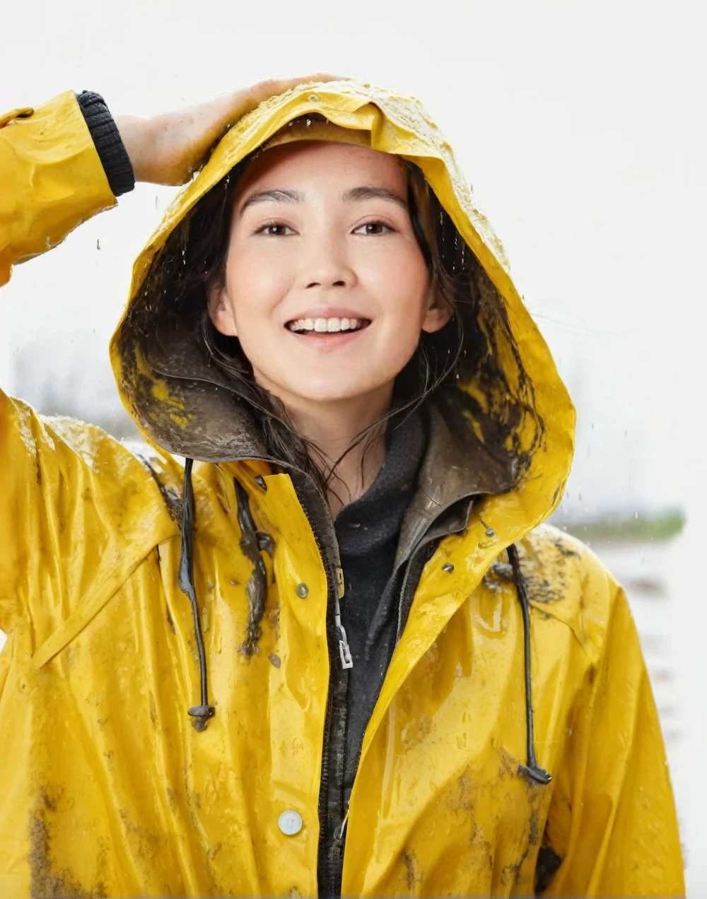 a young woman wearing a bright yellow shiny raincoat, ((((mud-stained and dirty raincoat)))), muddy clothes, beautiful detailed eyes, beautiful detailed lips, extremely detailed face, long eyelashes, outdoor rainy scene, puddles on the ground, intricate texture, photorealistic, 8k, high quality, masterpiece, professional, vivid colors, dramatic lighting