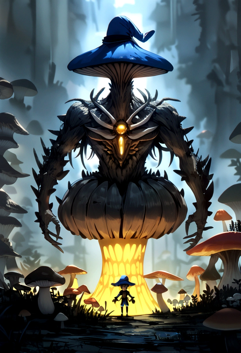 (Mushroom anthropomorphic monster and mushrooms merge with the body, (Anthropomorphic male mushroom)), blue flat hat, knave, glowing body,(grebe humanoid)