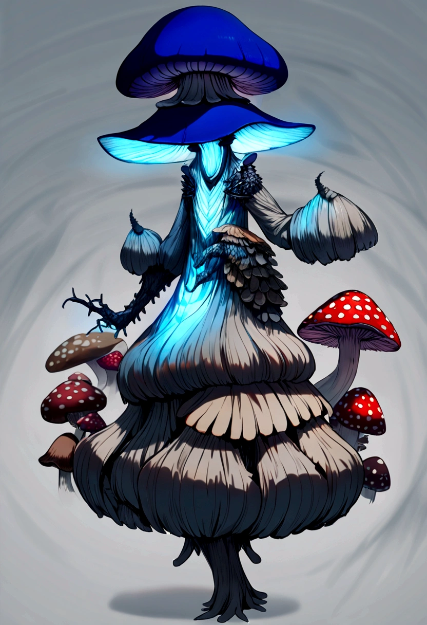 (Mushroom anthropomorphic monster and mushrooms merge with the body, (Anthropomorphic male mushroom)), blue flat hat, knave, glowing body,(grebe humanoid) 