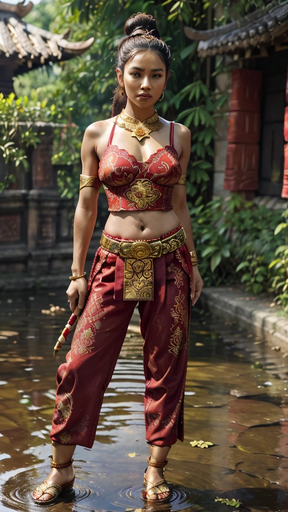 Very realistic, front view, beautiful Javanese girl (long hair tied in a bun with a small gold pin and red cloth hair tie), wearing a futuristic and elaborate Majapahit warrior ((red bustier),(red cloth obi),(calf length trousers at the end of the trousers gold lace typical of Majapahit),(black leather belt decorated with gold),(red batik cloth with unique motif)), holding a sword, red neon lights flashing through the sword, has elegant black strappy sandals, standing on a puddle of water, with a background behind an ancient village in the era of the Majapahit kingdom, decorated with bright colors that appear in 8K.uhd.HD resolution