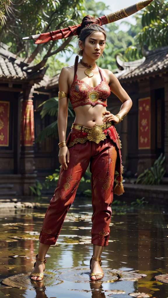 Very realistic, front view, beautiful Javanese girl (long hair tied in a bun with a small gold pin and red cloth hair tie), wearing a futuristic and elaborate Majapahit warrior ((red bustier),(red cloth obi),(calf length trousers at the end of the trousers gold lace typical of Majapahit),(black leather belt decorated with gold),(red batik cloth with unique motif)), holding a sword, red neon lights flashing through the sword, has elegant black strappy sandals, standing on a puddle of water, with a background behind an ancient village in the era of the Majapahit kingdom, decorated with bright colors that appear in 8K.uhd.HD resolution