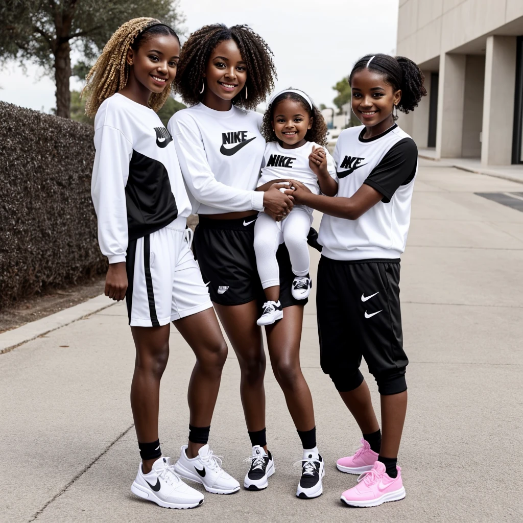 Brownskin stud and fem holding there girl smiling wearing matching black and white nike outfits