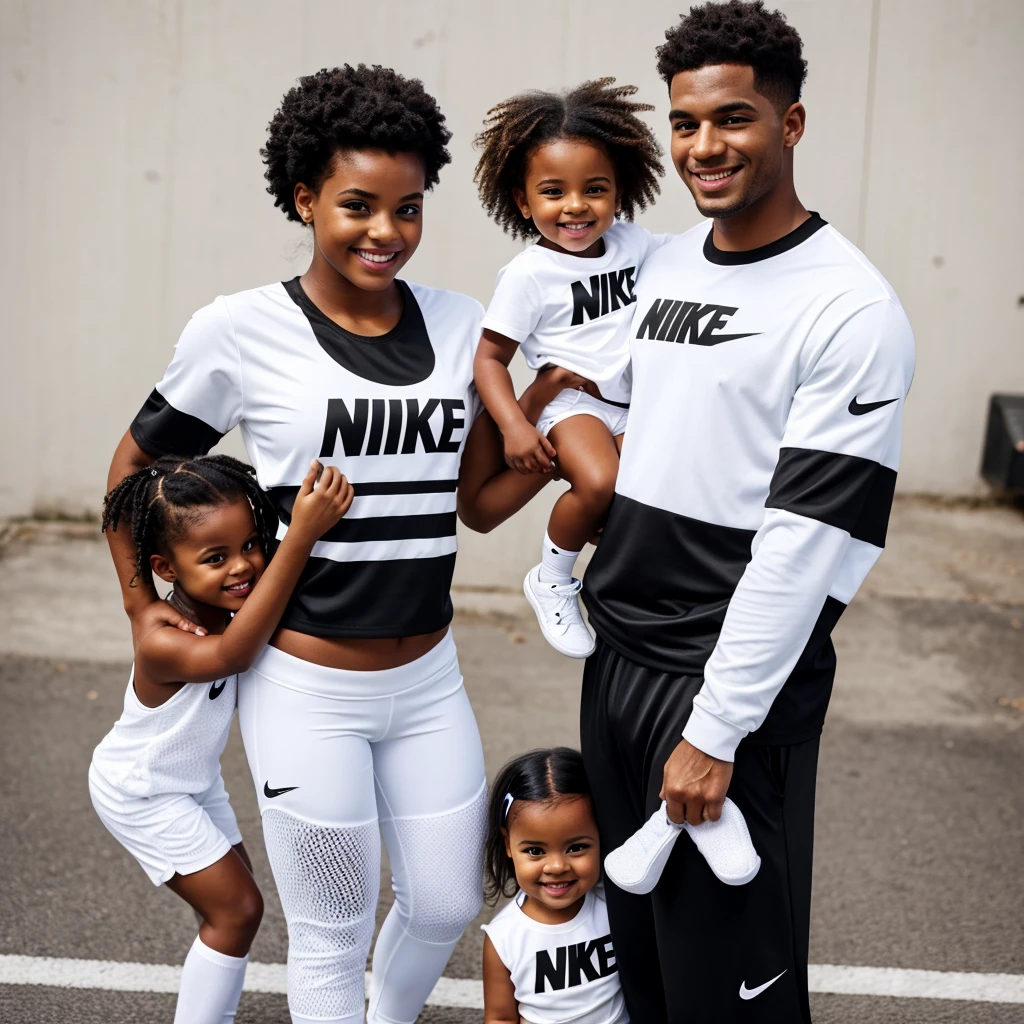 Brownskin stud and fem holding there baby girl smiling wearing matching black and white nike outfits