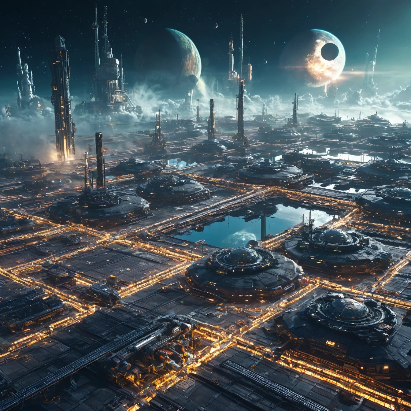 Cinematic realistic scene, beyond outerspace , Stunning giant celestial spaceship harbor with docking bays with spaceships , nebula sunlight shining through misty atmosphere around one side of planet, high tech, sci-fi, advanced, glittering windows, ominous , isometric, digital art, smog, pollution, toxic waste, chimneys and railroads, 3 d render, octane render, volumetrics, Fujifilm Superia X-TRA 800, Adox Color Implosion, 32K.