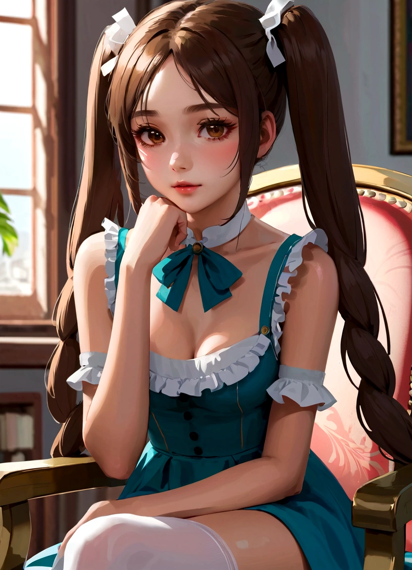 1 Girl, Brown_twintails, sit, Chair, boring, Chin on hand, beautiful eyes,masterpiece, best quality,close up,