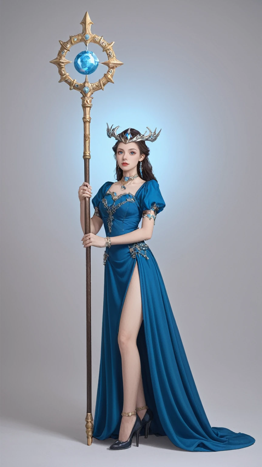 score_9, score_8_up, score_7_up, BREAK,
solo,full body, witch woman,conservative attire,Very nice headgear,blue,Wearing a blue, red and white princess dress,jewelry,Visions of heaven and earth,Staff,exquisite magic