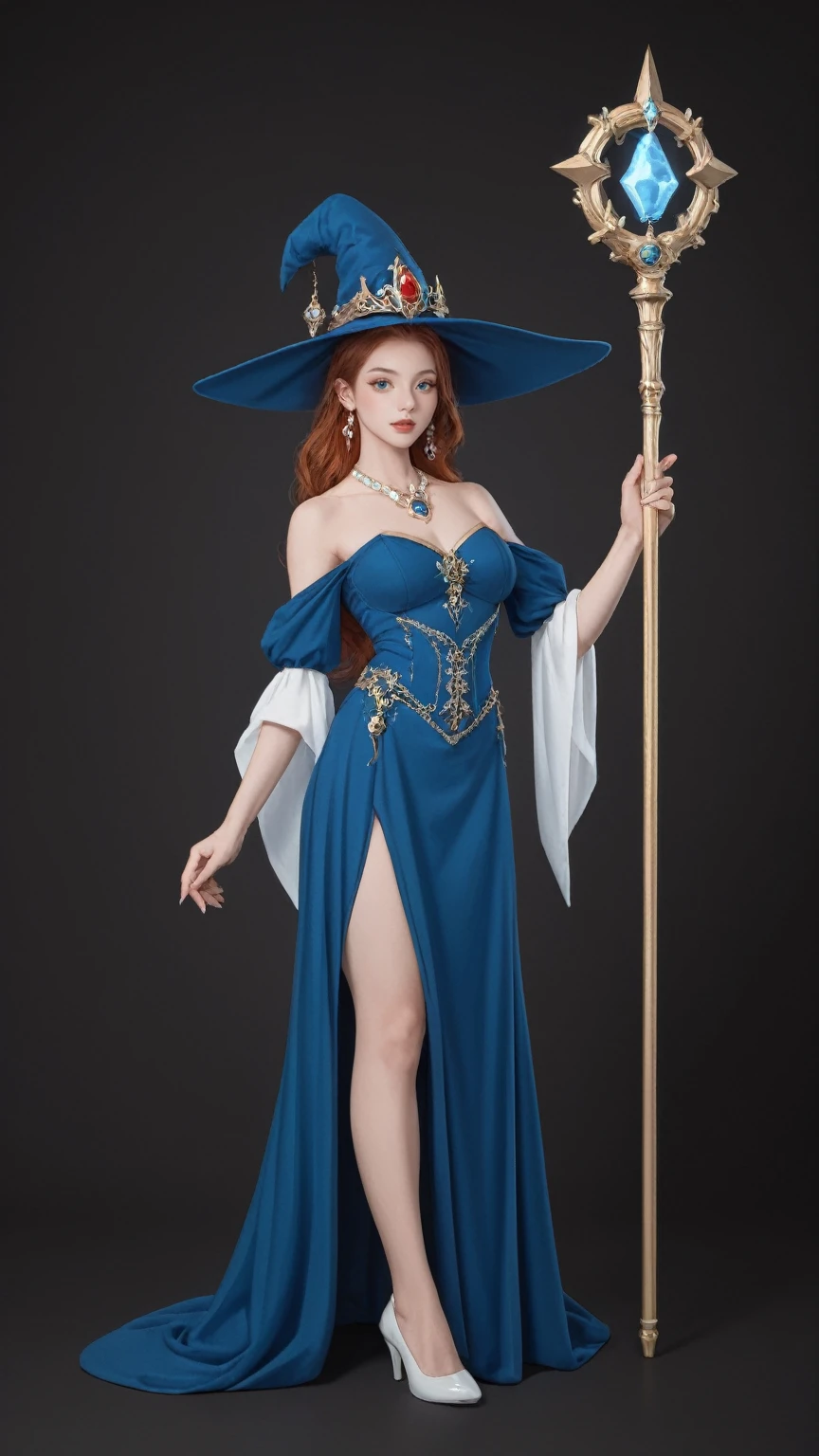 score_9, score_8_up, score_7_up, BREAK,
solo,full body, witch woman,conservative attire,Very nice headgear,blue,Wearing a blue, red and white princess dress,jewelry,Visions of heaven and earth,Staff,exquisite magic