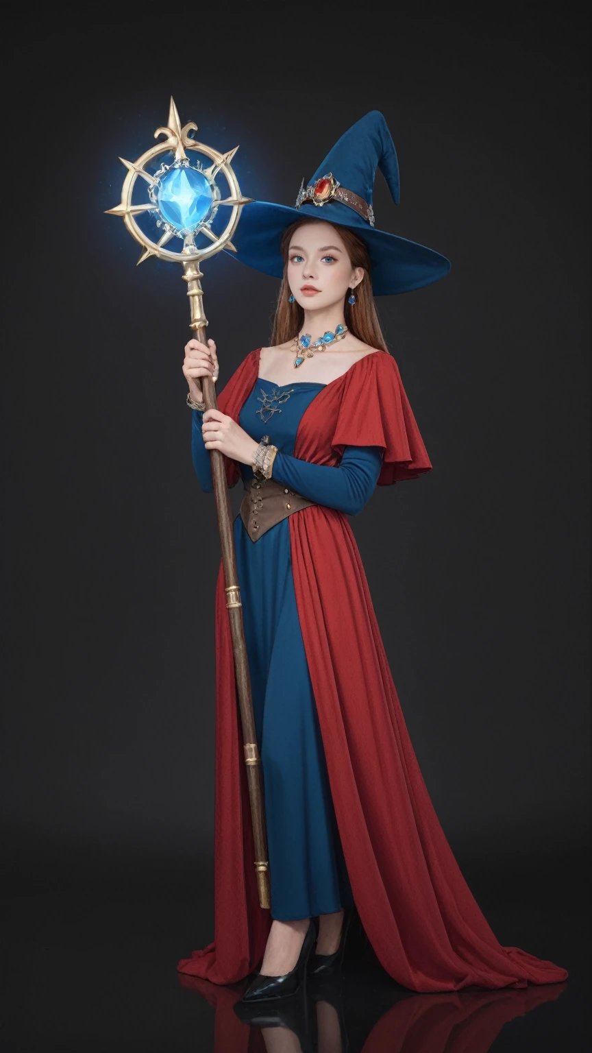 score_9, score_8_up, score_7_up, BREAK,
solo,full body, witch woman,conservative attire,Very nice headgear,blue,Wearing a blue, red and white princess dress,jewelry,Visions of heaven and earth,Staff,exquisite magic