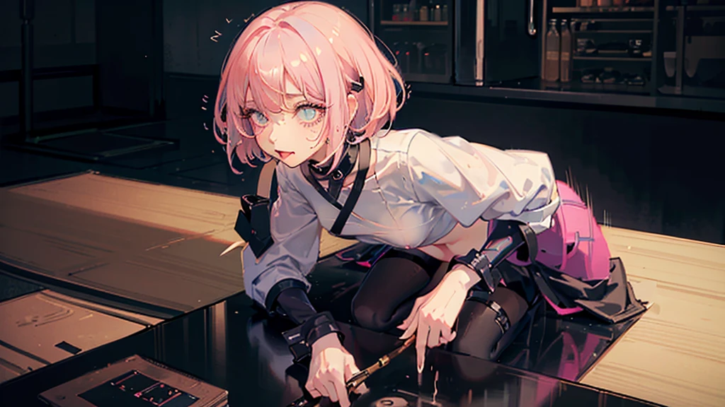 nsfw, ((Wet with bodily fluids)), flat color, masterpiece, Anime Style, Very delicate and beautiful, Ultra-detailed, High resolution, Best illustrations, Best Shadow, Sharp focus, high quality, God Artist, Small breasts, Sticking out tongue, One beautiful girl, Confused eyes, Pale pink hair, Bob Cut Hair, Emo fashion, cyber punk