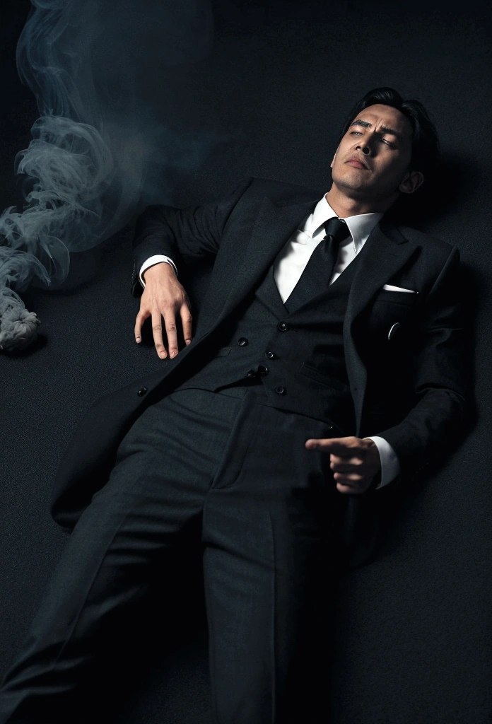 Horror pictures of a man in a suit lying on the floor in fear in a black background rising from smoke