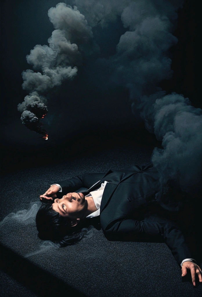 Horror pictures of a man in a suit lying on the floor in fear in a black background rising from smoke