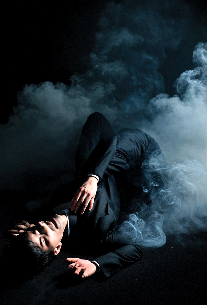Horror pictures of a man in a suit lying on the floor in fear in a black background rising from smoke