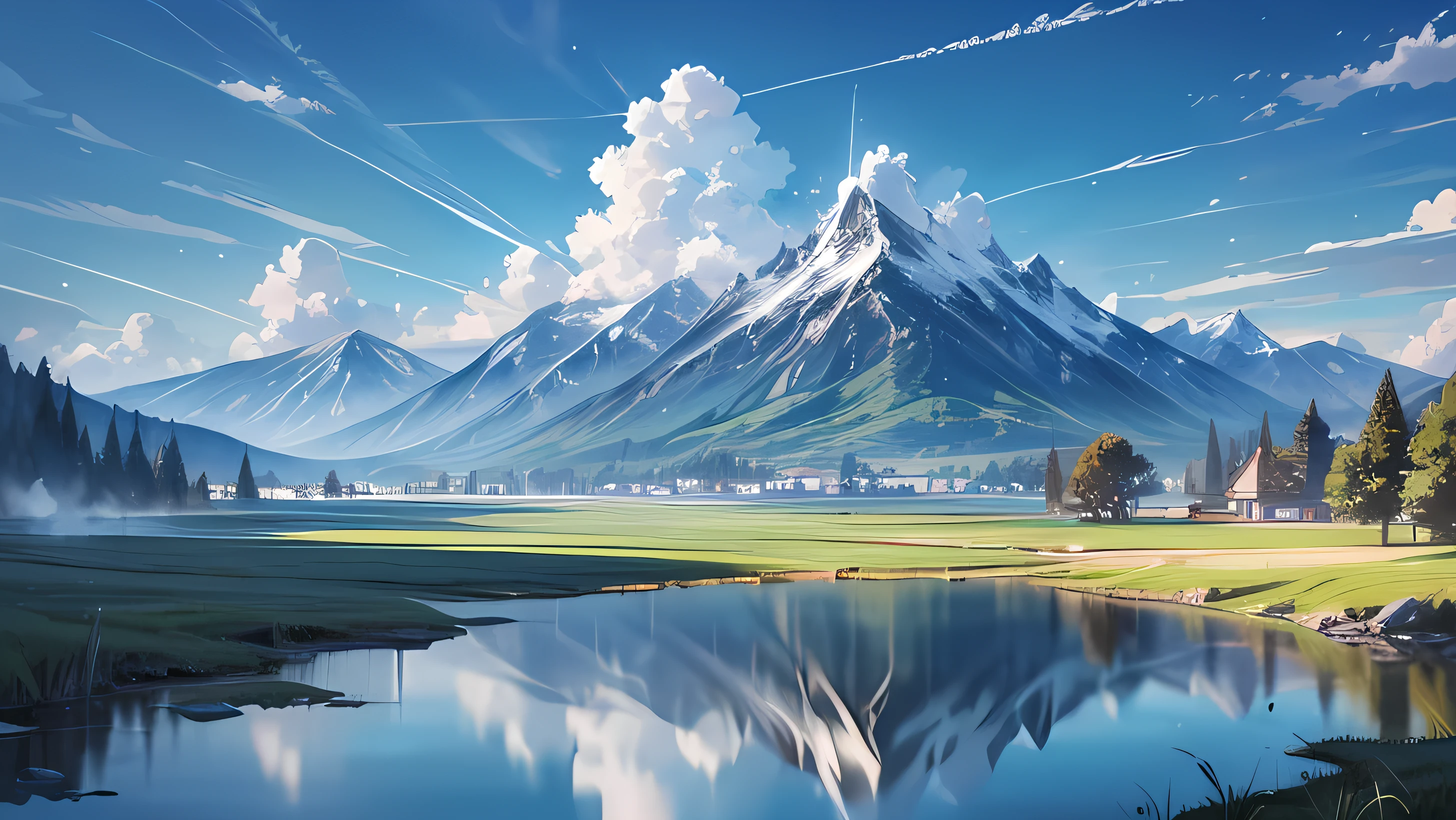 ( High quality, ultra-detailed, super high resolution ) beautiful nature, blue sky, partly cloudy, sun in the sky, a mountain in the background, blue lake, green grass.