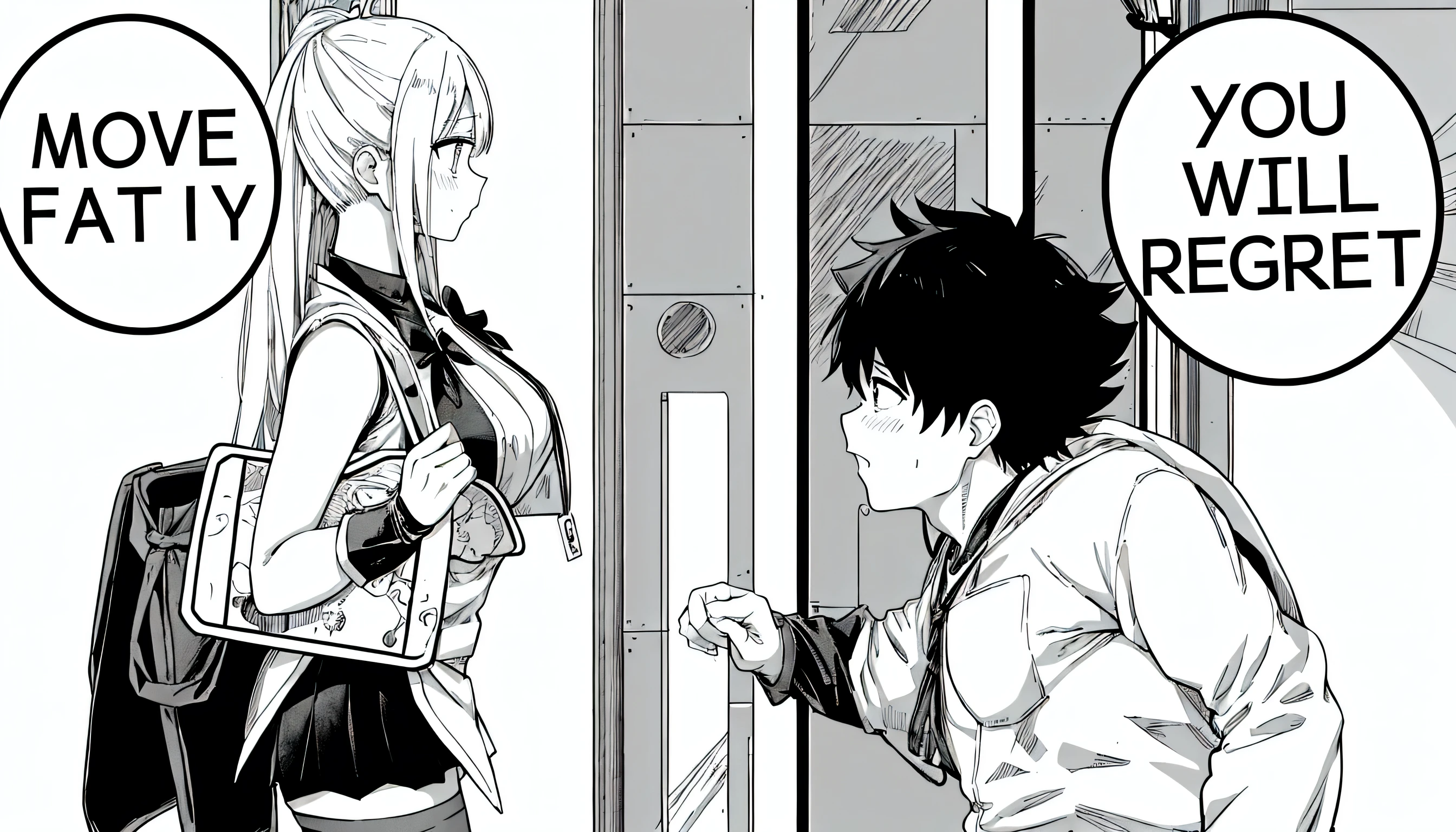 anime girl and boy with signs saying move fatty you will regret, black and white manga panel, black and white manga page, black and white manga style, black and white manga, black and white manga comic, isekai manga panel, award winning manga style, manga panel, manga panels, detailed manga style, from cryptid academia, manga page, 