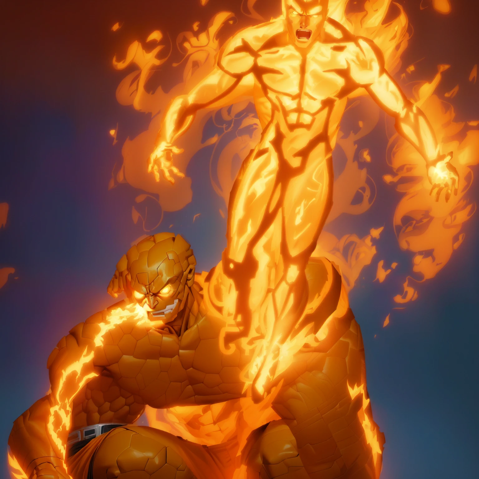 8k detail, a cartoon of Marvel comic book characters 'The Thing' and 'The Human Torch'. The Thing is an orange rock man in a blue shorts, positing on rock super hero pose, from the thing, high detail iconic character, posing for a fight intricate, crouching humanoid, the thing, most strongest pose, clenching, by Robert Richenburg, fighting pose, buff man, heroic masculine pose, aggressive pose, serpentine pose gesture. The Human Torch is a man on fire, he has yellow eyes and mouth and a red body and is surrounded by yellow fire. NO background. White back drop. NO background color.
