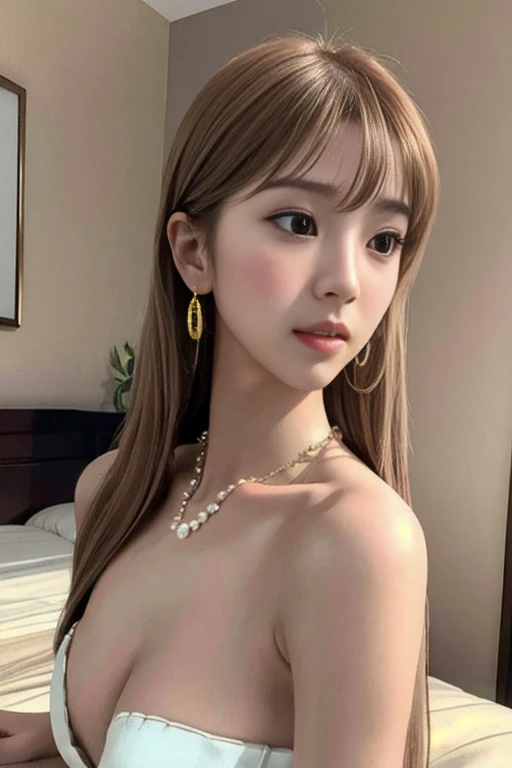 (1 girl:1.3), Alone, (very detailed face) full body masterpiece, Ultra realistic, 16K, Dreamy atmosphere, r3b3cc4 young, Sensual (Erotic), 1 girl (cute young) alone, delicate (seductive) female face, silky realistic hair, looking at viewer, (hentai) Sakuragi Otome (otome dori), pale-brown and golden hair (gradient colors) , simple unfocused background, bedroom background, jewelry, earrings, necklace, young beauty, portrait, hoop earrings, realistic, soft lighting, slender hot body , photorealistic, detailed clear eyes, extremely erotic, delicate feminine, muscular female body, large natural breasts, belly hot, narrow waist, proportionally big hips, thick legs, beautiful, nude, different sensual positions, raw, analog, sharp focus, 8K, high definition, dslr, high quality, Fujifilm XT3, Film grain, award winning, highly detailed skin artwork, realistic skin details, visible pores, clear focus, volumetric fog, 8k hd, dslr, high quality, Film grain, light skin, photographic realism , lomography 