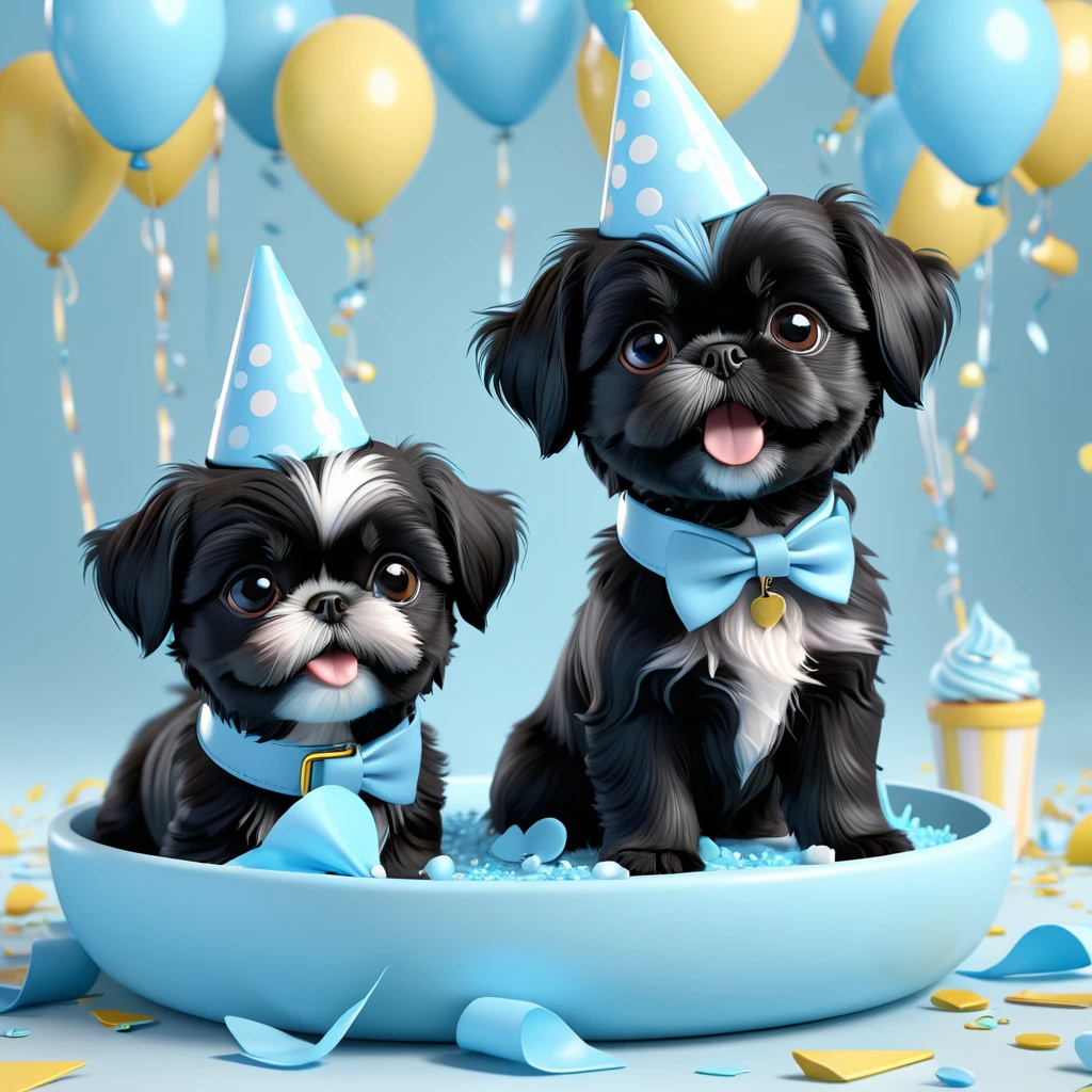 2 Adorable small black Shih Tzu puppies wearing light blue collars having a party, playing, making a mess, Disney 3d cartoon, 3d render, disney pixar style