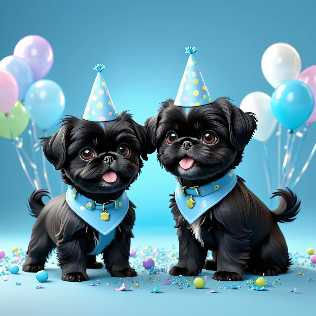 2 Adorable small black Shih Tzu puppies wearing light blue collars having a party, playing, making a mess, Disney 3d cartoon, 3d render, disney pixar style