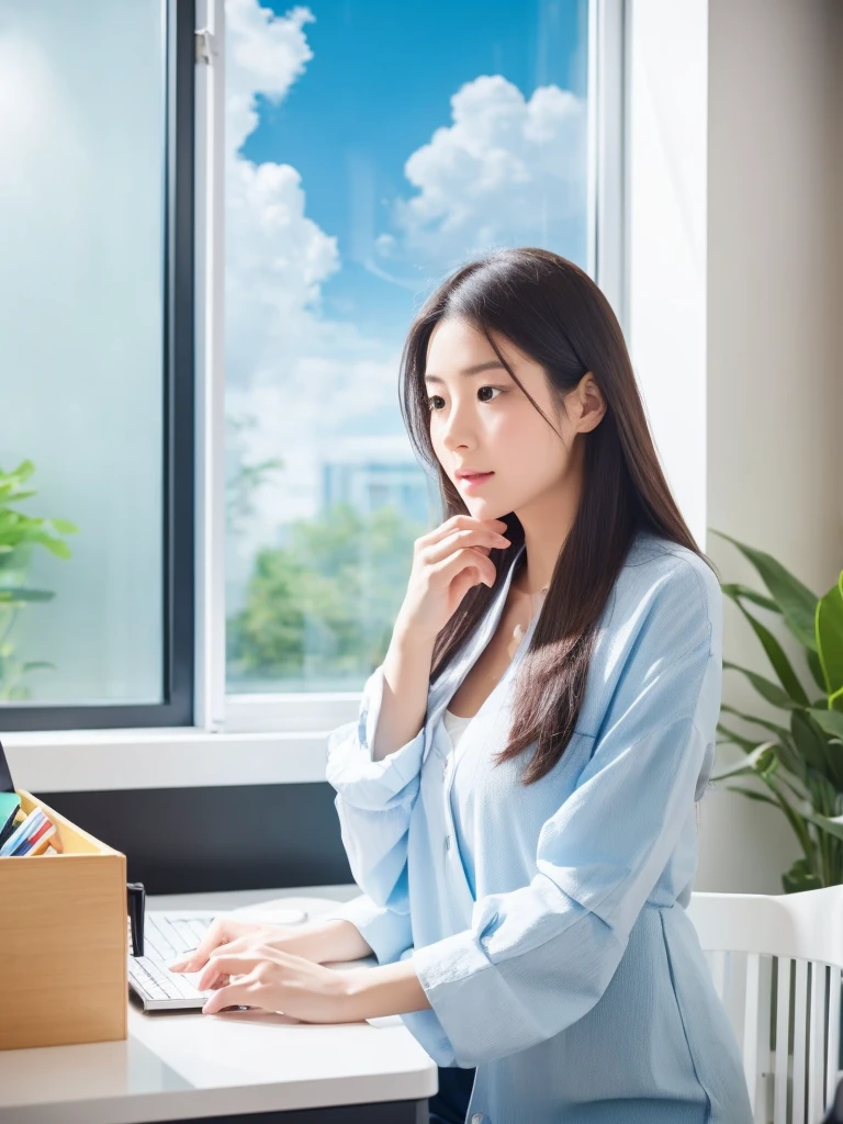 In a crowded office,beside,A Chinese beauty is concentrating on her work,The background is blue sky and white clouds outside the window,Suggesting that indoor air quality is equally important