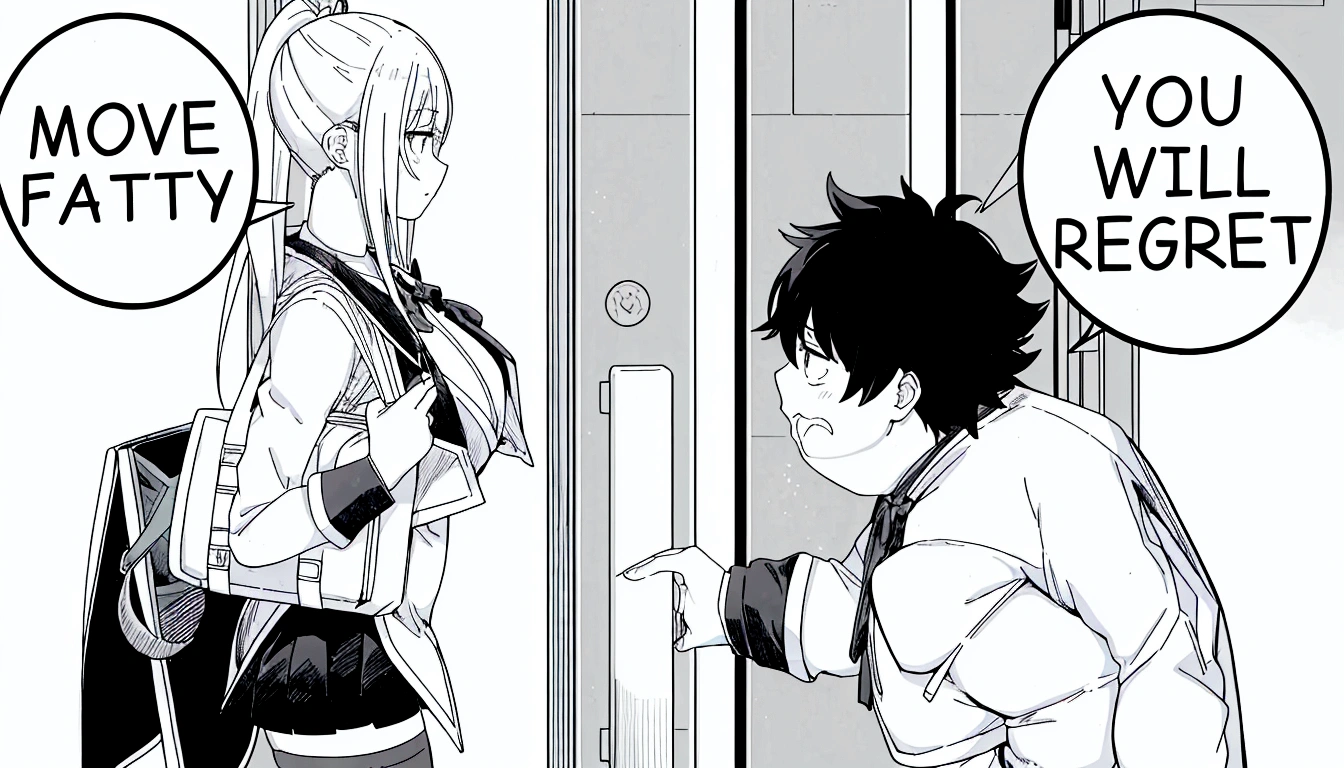 anime girl and boy with signs saying move fatty you will regret, black and white manga panel, black and white manga page, black and white manga style, black and white manga, black and white manga comic, isekai manga panel, award winning manga style, manga panel, manga panels, detailed manga style, from cryptid academia, manga page,