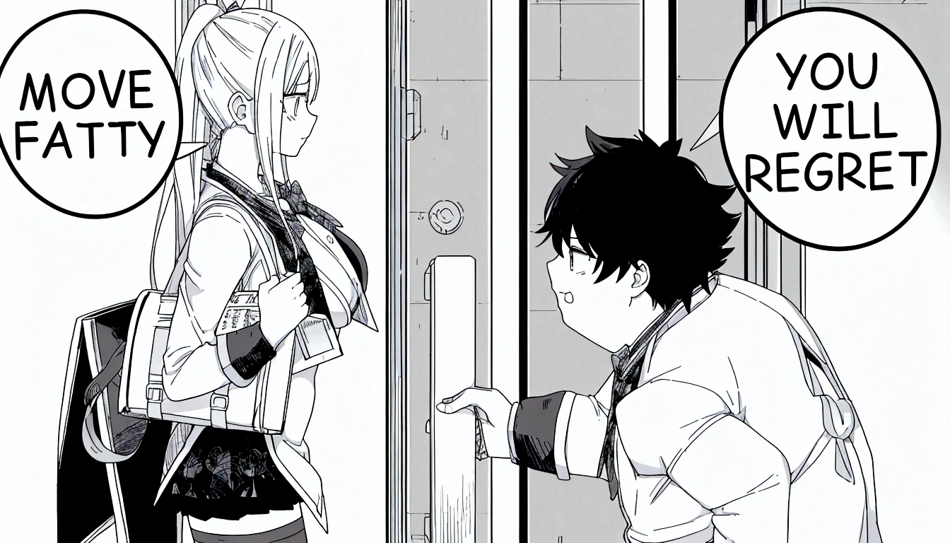 anime girl and boy with signs saying move fatty you will regret, black and white manga panel, black and white manga page, black and white manga style, black and white manga, black and white manga comic, isekai manga panel, award winning manga style, manga panel, manga panels, detailed manga style, from cryptid academia, manga page, 